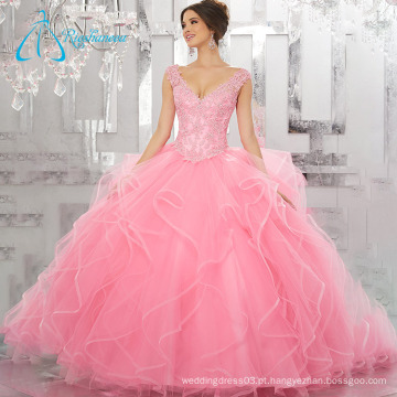 Sequined Beading Crystal Quinceanera vestido de bola vestido rosa